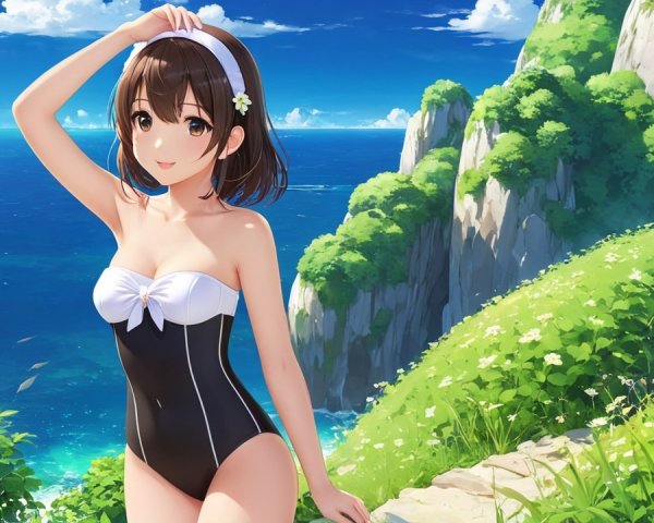 Young girl in black swimsuit by the ocean scenery