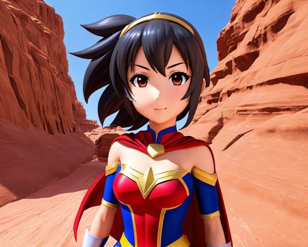 Animated character in a canyon with red rock formations