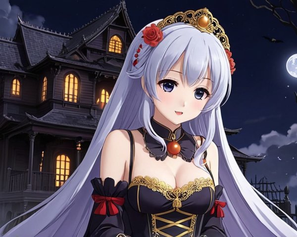 Anime Character in Gothic Mansion Under Full Moon