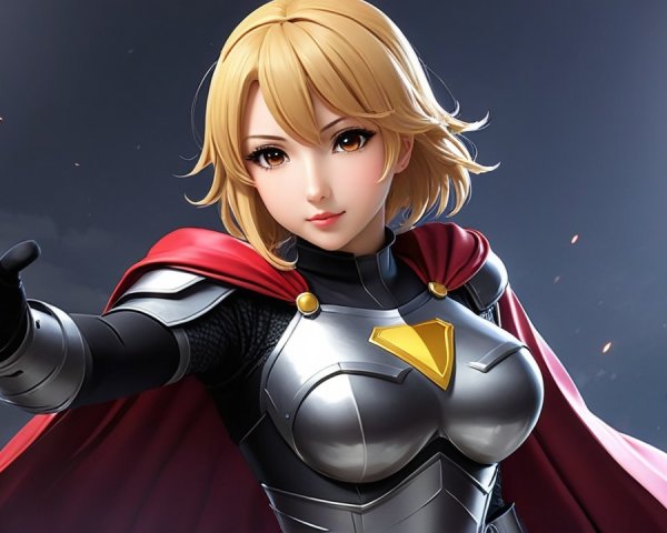Fierce Female Warrior in Armor with Crimson Cape
