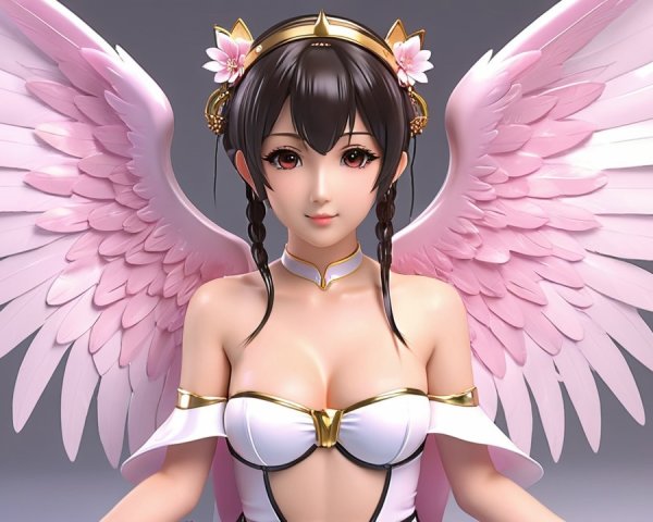 Character with Dark Hair, Pink Wings, and White Outfit