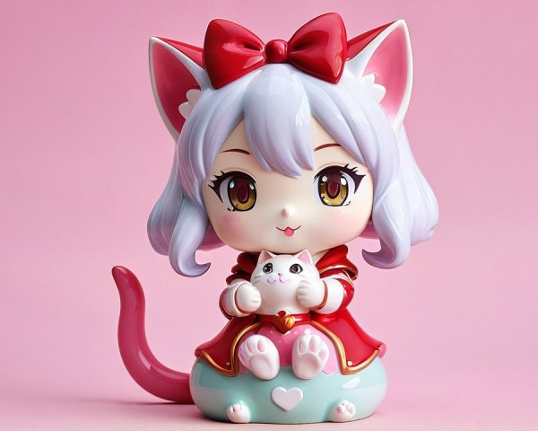 Whimsical Character with Cat Ears and Fluffy Cat