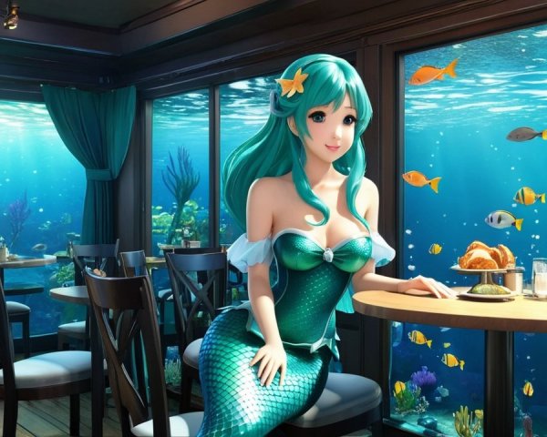 Mermaid in Underwater Café with Vibrant Teal Hair