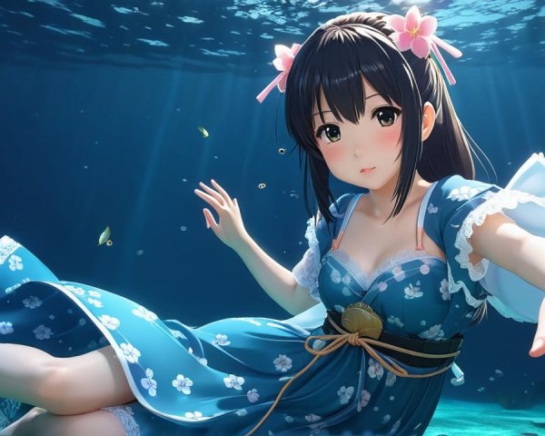Young Woman in Blue Dress Submerged Underwater
