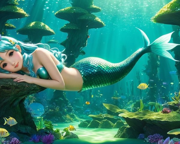 Vibrant Mermaid in Serene Underwater Scene