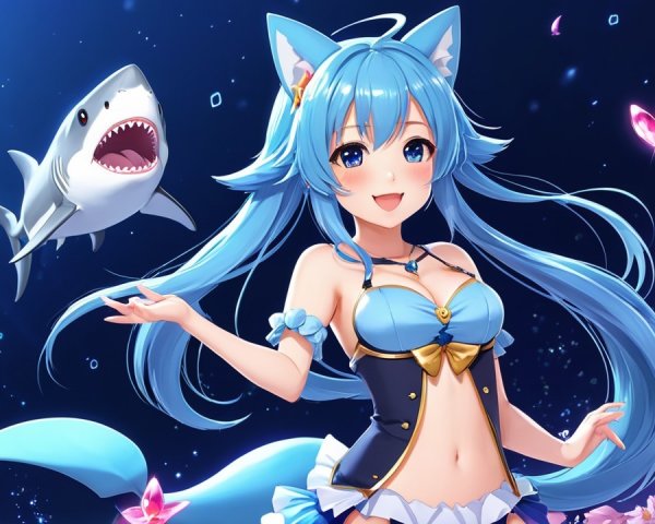 Vibrant Anime Character with Blue Hair in Magical Scene