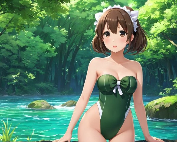 Cheerful Woman by Serene River in Stylish Swimsuit