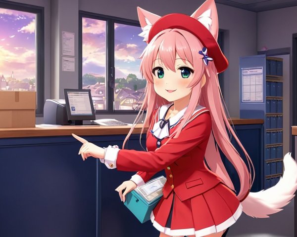 Cheerful anime character in colorful post office setting