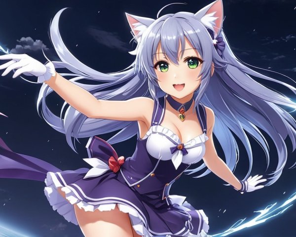 Vibrant Anime Character with Cat Ears and Gray Hair