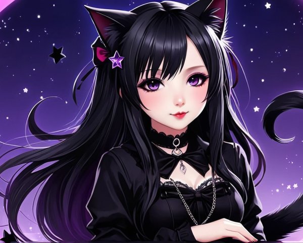 Anime Character with Cat Ears in Purple Setting