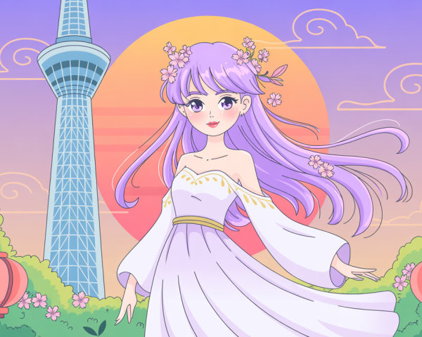 Anime illustration of a woman in lavender dress at sunset