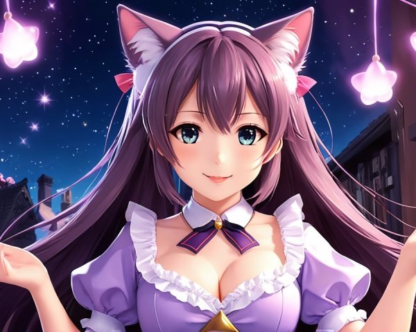 Girl with Purple Hair and Cat Ears Under Starry Sky
