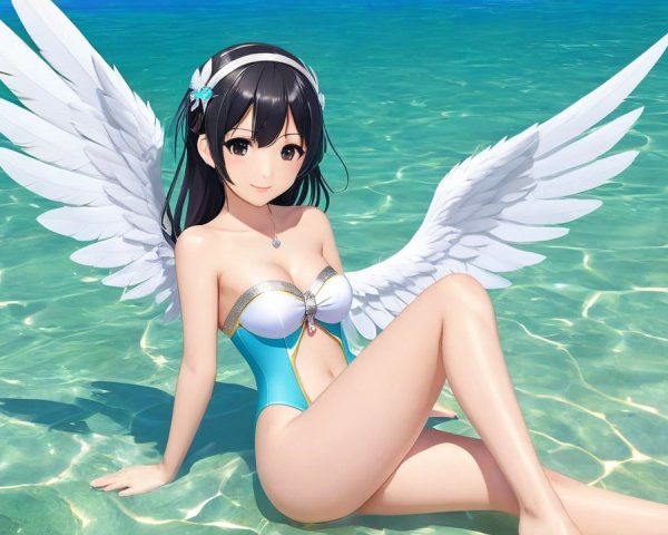 Young woman with wings by a turquoise sea