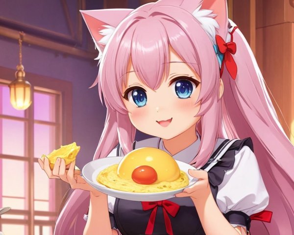 Cheerful Anime Character in Cozy Kitchen with Omelet