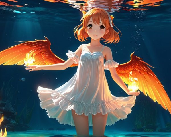 Whimsical Underwater Scene with Glowing Wings and Plants