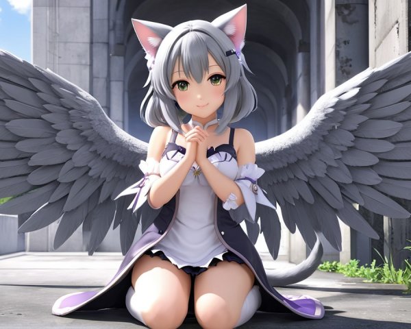 Anime-style character with cat ears and wings