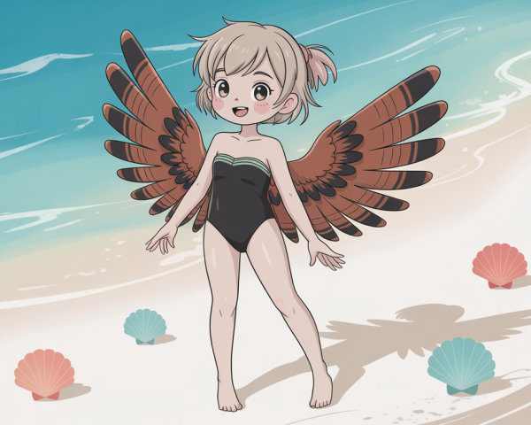 Anime Fairy Girl on a Beach with Red Wings