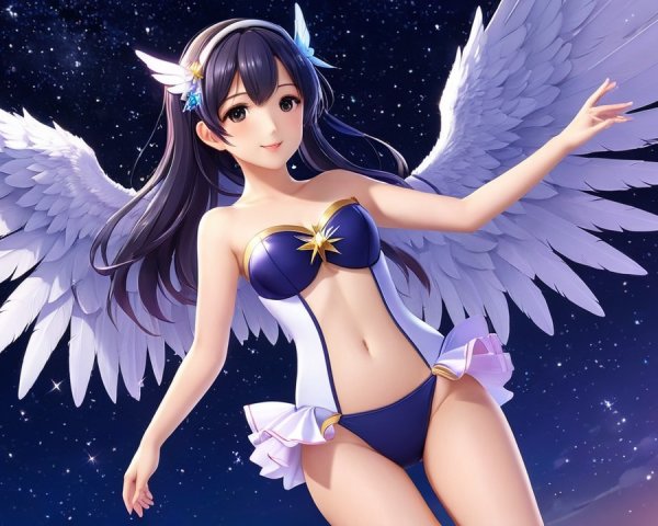 Fantasy Character with White Feathered Wings in Night Sky