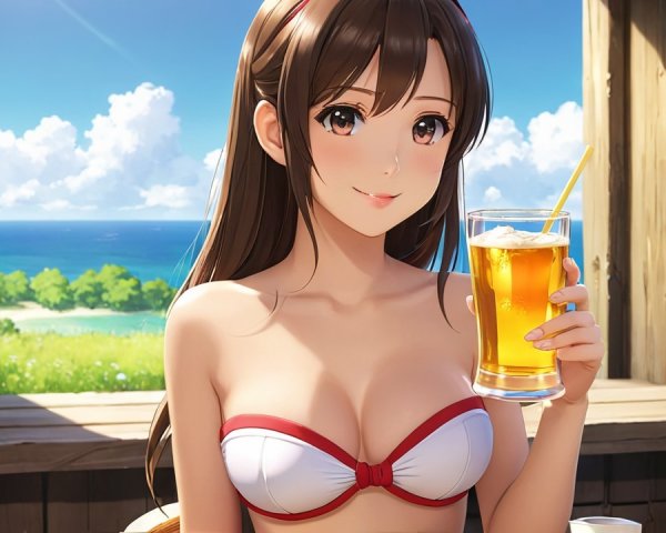 Young Woman in Bikini at Sunny Seaside Café