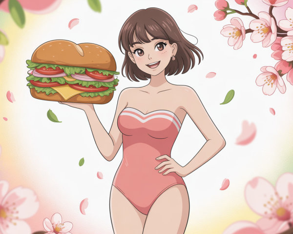 Anime-style illustration of a woman in a pink swimsuit