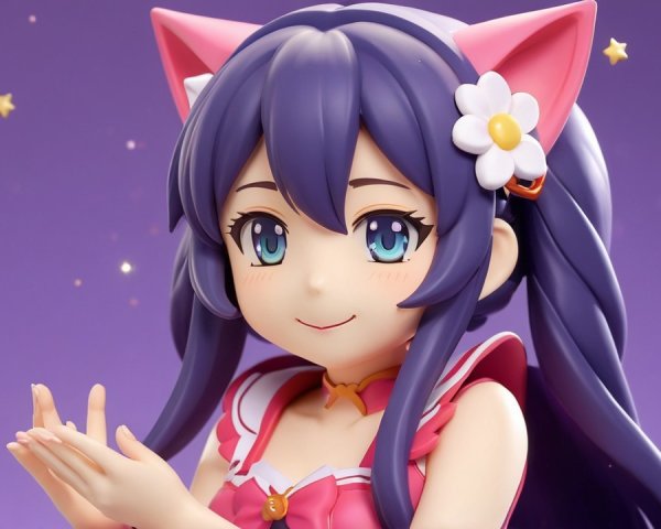 Anime character with blue hair and cat ears in pink outfit