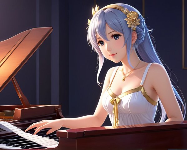 Young Woman in White Dress Playing Grand Piano