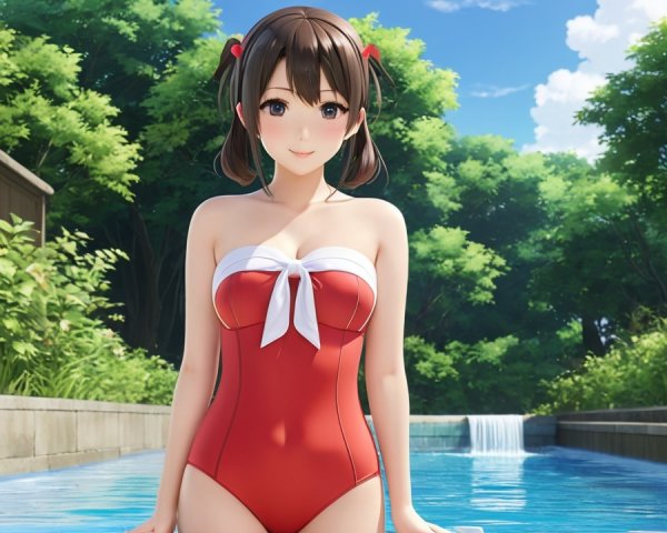 Cheerful Girl in Red Swimsuit by Clear Pool