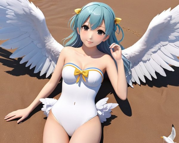 Character with Aqua Hair and Wings on Beach Scene