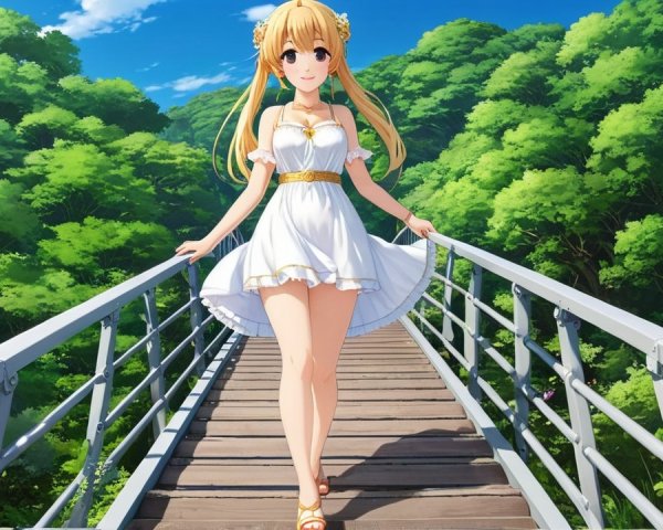 Young woman in white dress on wooden bridge in nature