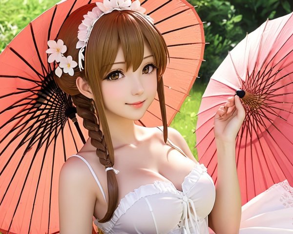 Young woman in white dress with pink parasol in field