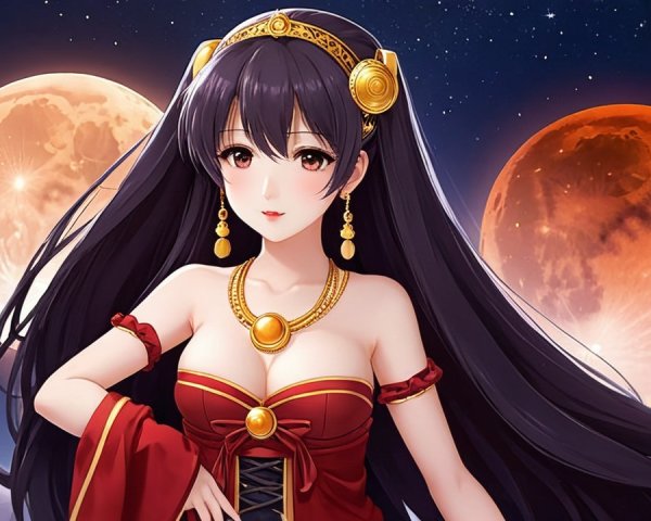 Anime Character in Red Dress Under Two Moons