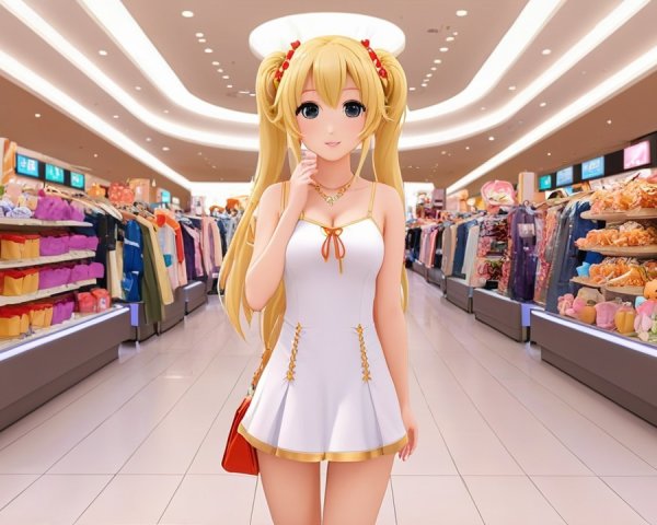 Animated Character in Colorful Shopping Mall Setting
