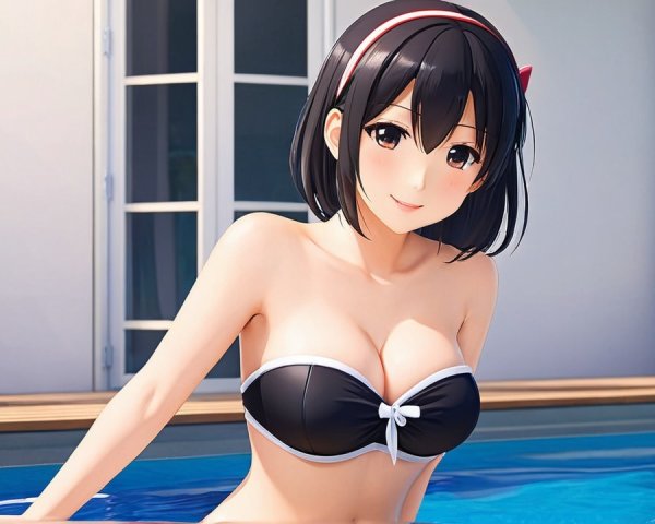 Young Woman by Pool in Stylish Black Bikini