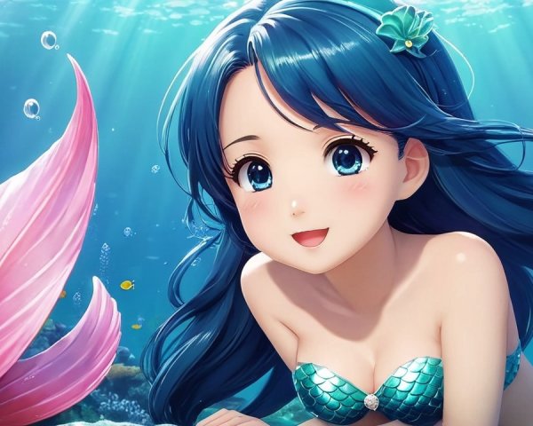 Cheerful mermaid swimming in vibrant underwater scene