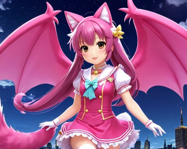 Cheerful character with pink hair and bat wings
