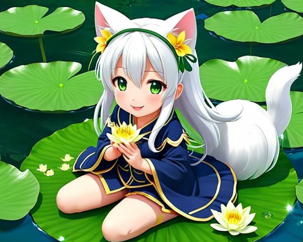 Cute anime character with silver hair in serene pond