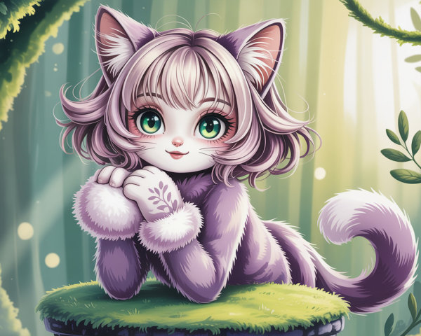Purple-Furred Cat-Like Creature in Fantasy Forest