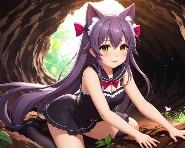 Anime Character with Purple Hair in Rustic Cave