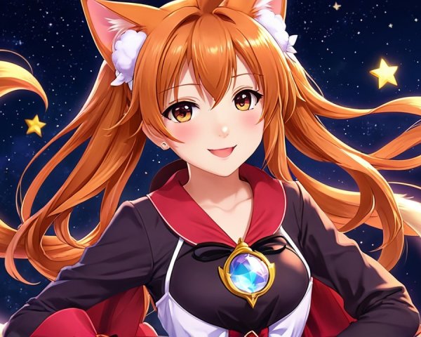 Cheerful anime character with fox features in night sky