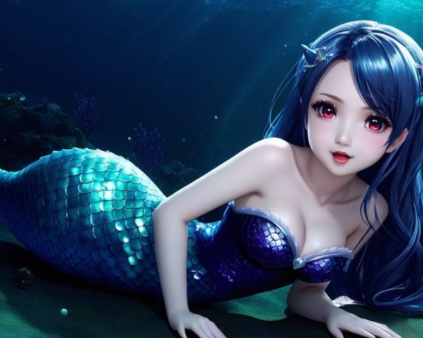 Mermaid on Ocean Floor with Shimmering Scales