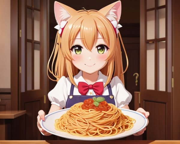 Cheerful anime character with spaghetti in cozy room