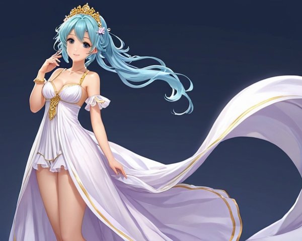 Character with Blue Hair in Elegant White Gown
