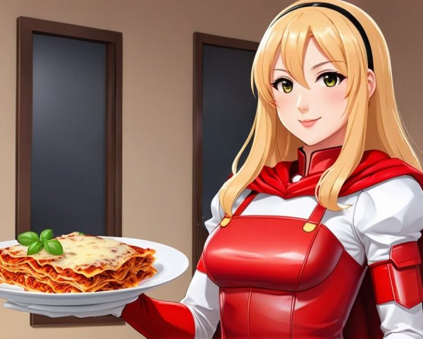 Cheerful Anime Character with Lasagna in Cozy Kitchen