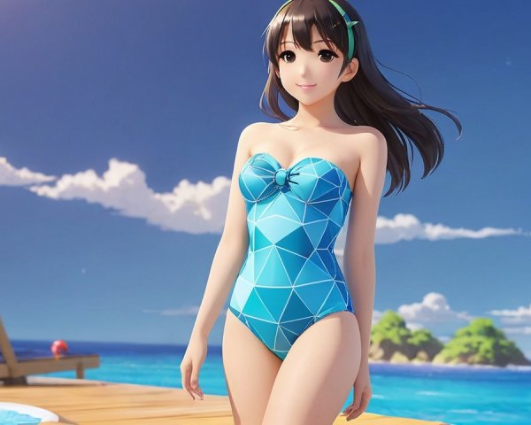 Young Woman in Stylish Blue Swimsuit by Pool