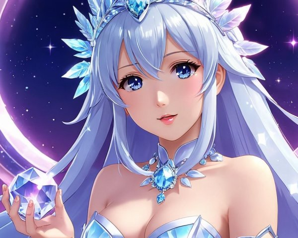 Fantasy Character with Blue Hair and Cosmic Background