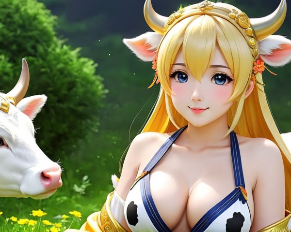 Young Woman with Cow Ears and White Cow in Nature