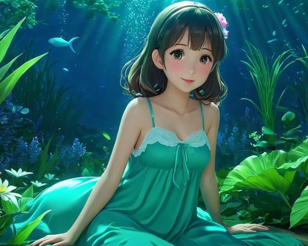 Young girl in teal dress in vibrant underwater scene