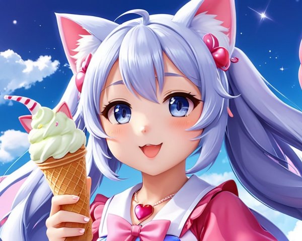 Cheerful anime girl with ice cream in vibrant setting