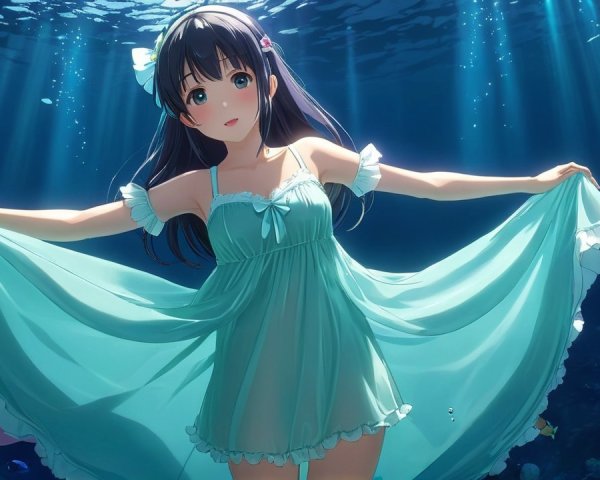 Young girl in blue dress gracefully underwater with fish