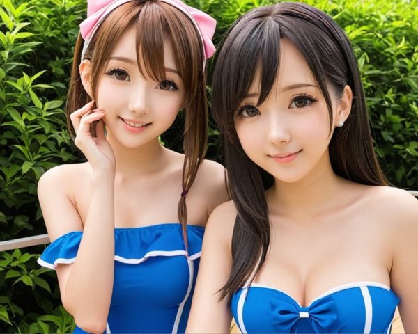 Young Women in Matching Blue Outfits Smiling Outdoors